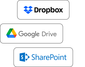 Dropbox, Google Drive and SharePoint logos