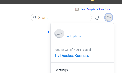 Image of Dropbox displaying how much data it is storing