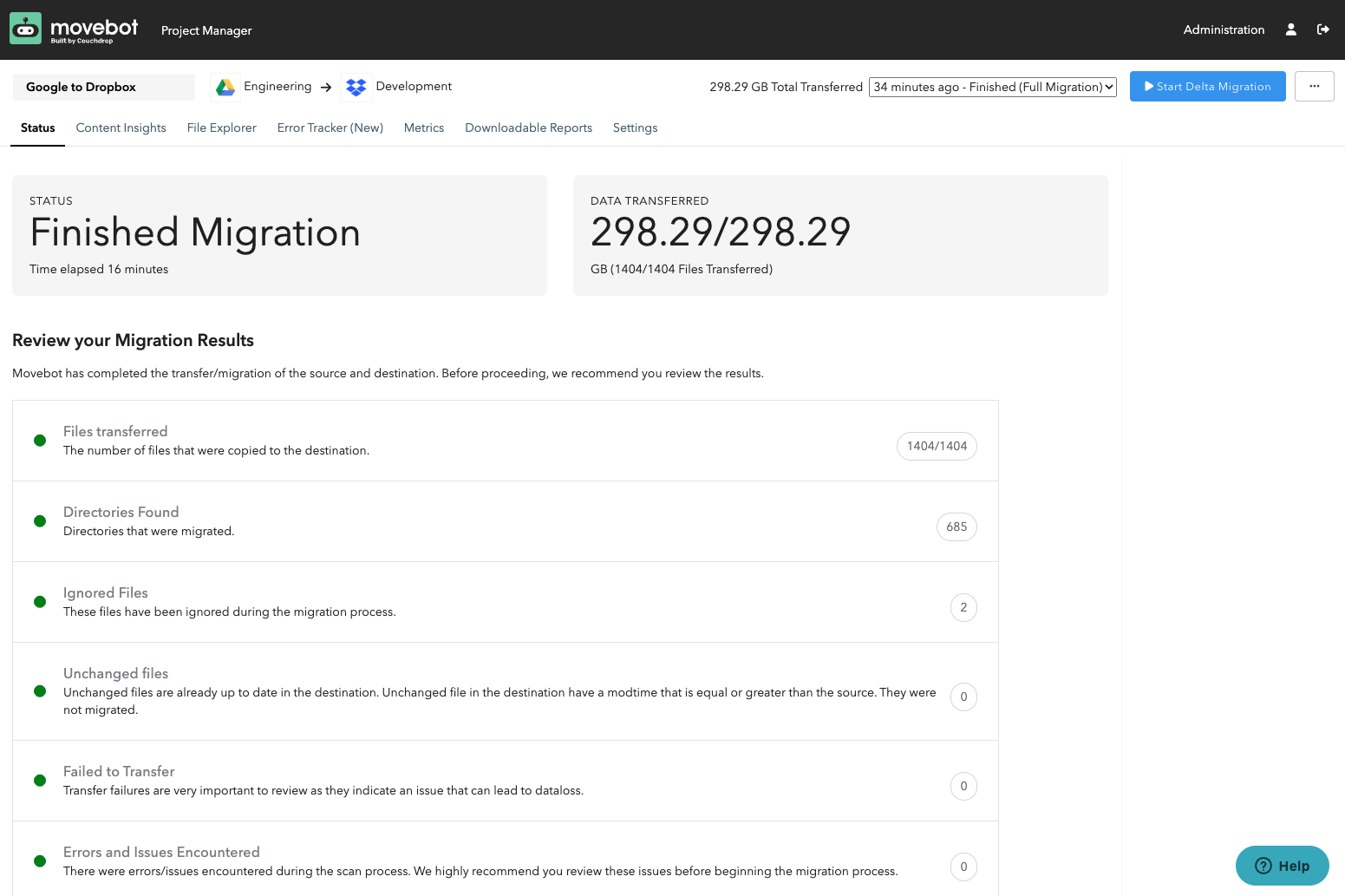 Movebot dashboard showing finished Google to Dropbox migration reporting